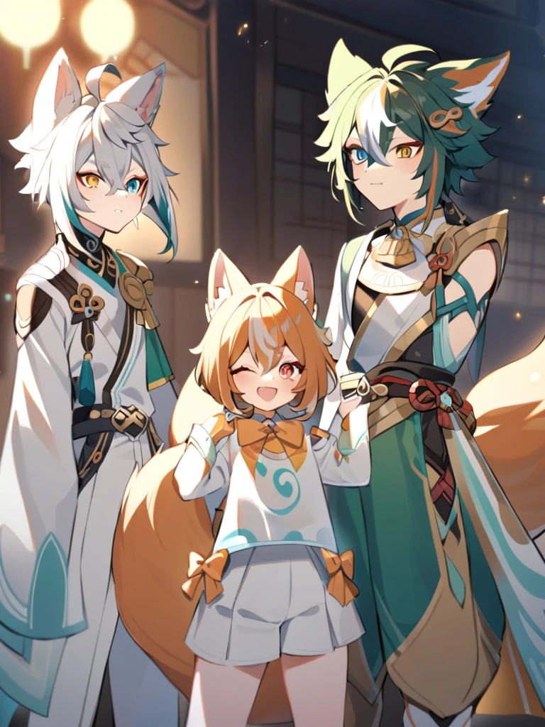 Gorou from genshin impact stands next to a fox girl who has long yellow hair braided in two tails, this girl has heterochromia, one eye is orange, the other is green, she is all in white clothes, trousers, a separate collar with an orange bow, Gorou stands next to a fox girl