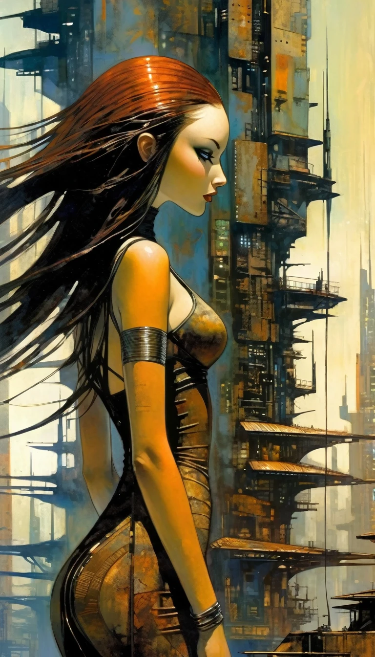 sexy girl futuristic long hair, sexy futuristic tight dress, futuristic city.1.5, rusty metal city, lots of details (Dave Mckean inspired art, intricate details, oil painting)