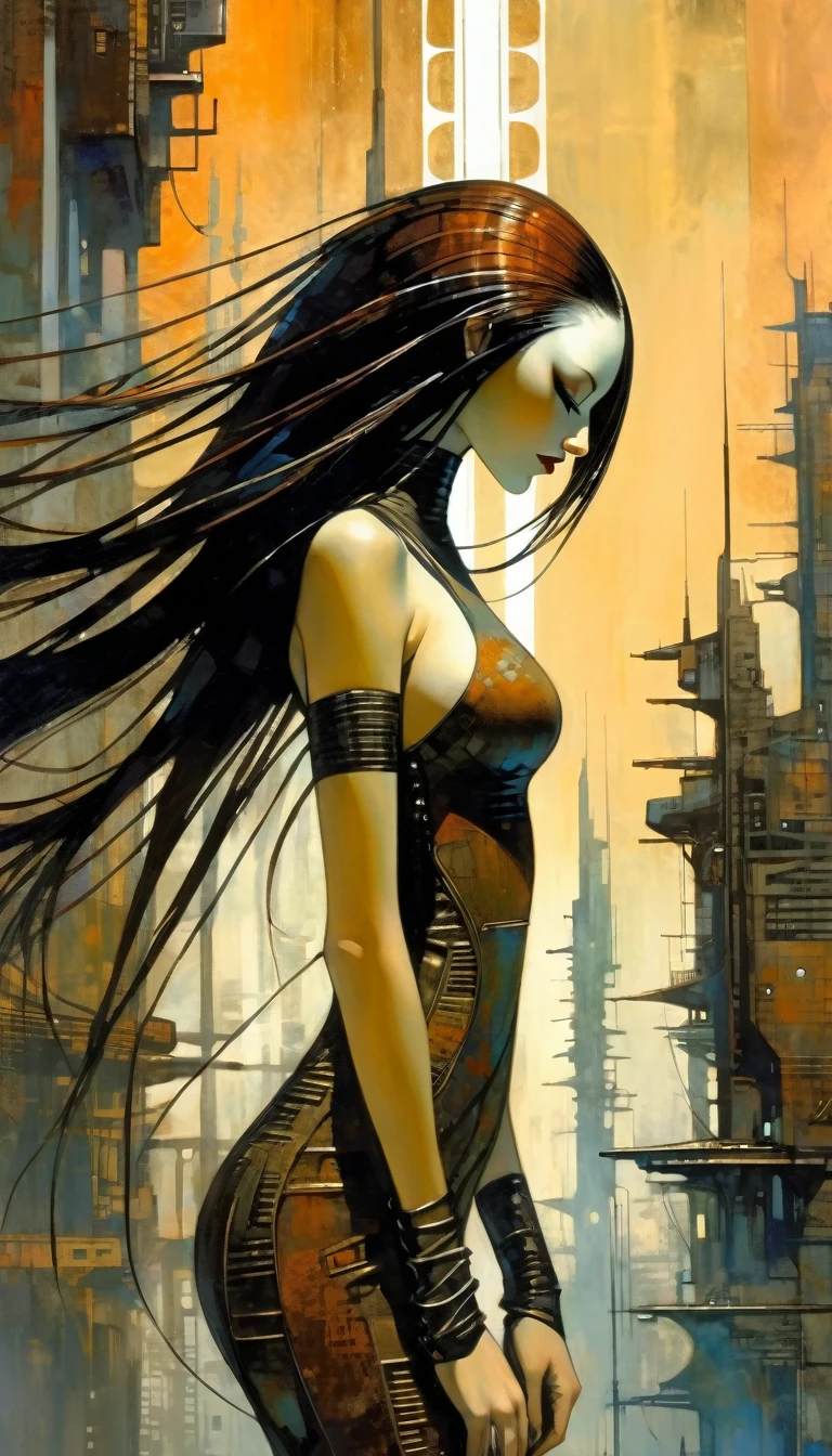 sexy girl futuristic long hair, sexy futuristic tight dress, futuristic city.1.5, rusty metal city, lots of details (Dave Mckean inspired art, intricate details, oil painting)