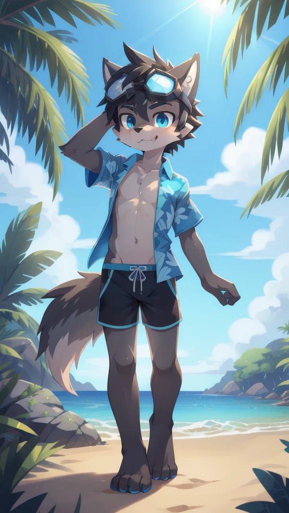 Furry shota, wolf, black hair, long spiky ponytail, blue eyes, detailed body fur, ((goggles, blue hawaiian shirt, open clothes, black swim trunks)), looking at you, fangs, clear grey body fur, detailed face, big eyebrows, detailed eyes, detailed body, detailed body fur, detailed hands, flat body, glistering body, shiny body, skinny, glow throughout the scene, gorgeous body, solo, :3, feets with three toes, full body, beach, clear sky, adjusting goggles,
