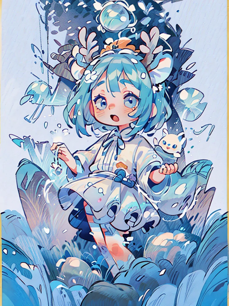 chibi, masterpiece, best quality, extremely detailed, detailed background, detailed face, 1girl, full-body, solo, pale skin, LONG blue hair which each strands were being lifted up by butterflies, deer ears, white deer horns, happy expression, white dress, blue flower, good finger, perfect face, intricate details, mystical forest theme, tarot, BORDER, celestial