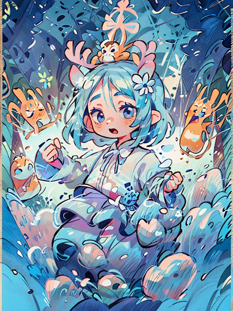 chibi, masterpiece, best quality, extremely detailed, detailed background, detailed face, 1girl, full-body, solo, pale skin, LONG blue hair which each strands were being lifted up by butterflies, deer ears, white deer horns, happy expression, white dress, blue flower, good finger, perfect face, intricate details, mystical forest theme, tarot, BORDER, celestial