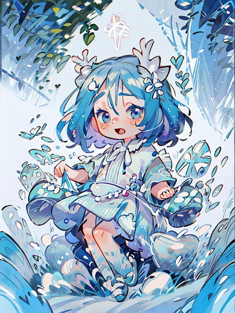 chibi, masterpiece, best quality, extremely detailed, detailed background, detailed face, 1girl, full-body, solo, pale skin, LONG blue hair which each strands were being lifted up by butterflies, deer ears, white deer horns, happy expression, white dress, blue flower, good finger, perfect face, intricate details, mystical forest theme, tarot, BORDER, celestial