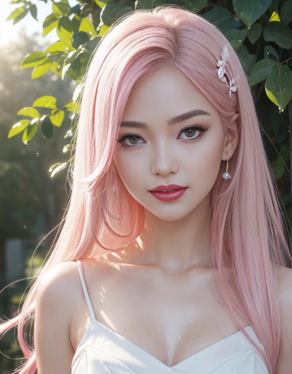 1 girl, Korean model, extremely beautiful, perfect body. Photo taken with Canon EOS R5 85mm f/11 Camera, ((sharp)) mode of people and surrounding scenery. Image quality ((8K)), ((lifelike)), ((masterpiece)), ((sharp and highest contrast)), ((great depth of field)), ((light stereolithography)). ((Pink hair)), long and smooth, the wind blows it beautifully under the bright sunlight. Beautiful face, perfect and sexy, holy, perfectly balanced, ((beautiful in every detail)), ((shiny)), ((high-end cosmetic makeup)), ((shiny bright, radiant)). Bright smile, pure white teeth and details. Seductive glossy red lips, ((brilliant glossy red lipstick)). The eyes are brown, glossy, seductive, ((sharp makeup)), realistic, ((wet eyes)) and detailed. Pink eyeshadow, long eyelashes, blush, high-end cosmetics. Two delicate eyelids, perfectly beautiful and detailed, black eyelashes. Eyebrows are curved, sparse, sharp and detailed. High and detailed nose. Cheeks are prominent and detailed. ((Ivory white, bright white skin)), detailed pores, ((shiny skin)), smooth, rosy, flawless skin texture. Long, shiny legs. Beautiful, perfect hands, ((no flaws)). ((Light shines directly on the face)), bright sunlight, ((shines light on the front part of the girl's body)).
Close-up shot of Girl in a colorful dress posing sexually, ((a beautiful fantasy queen)), the girl smiles brightly.