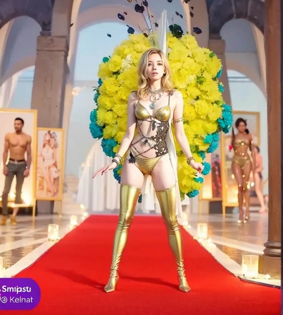 Cute 18 year old girl, Carnival Bikini Woman suit, short curly hair, blonde hair, beautiful face, rain, roof, masterpiece, exquisite details, perfect anatomy, fighting stance Realistic