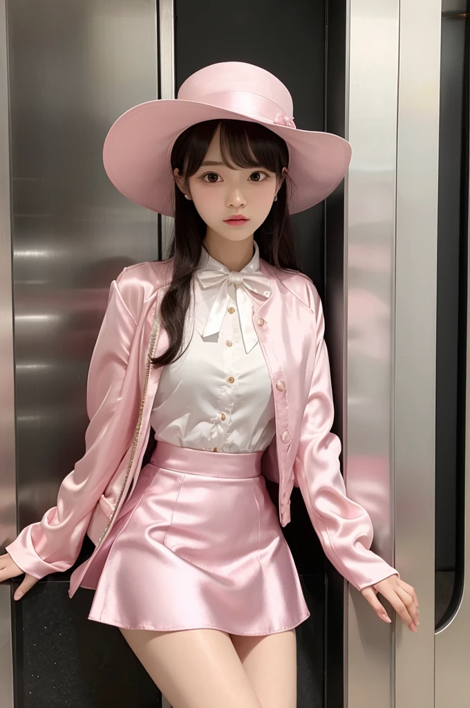 Highest quality、Elevator Girl、A short pink jacket made of shiny, lustrous silk、White blouse with ribbon、Very short tight skirt、Micro Mini Skirt、A small round hat with a ribbon、Skinny、White gloves、Very embarrassed look、Sit on the floor facing the front、Face straight