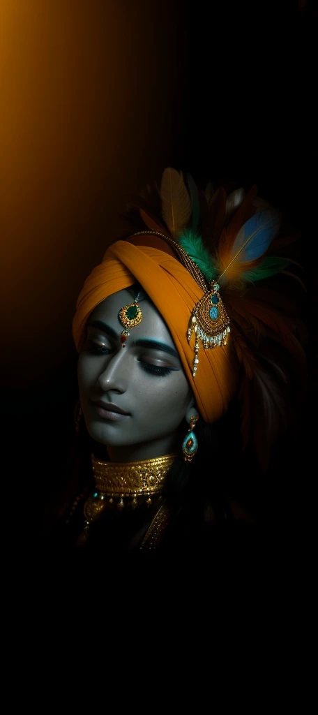 a close up of a person with a feather on their head, indian god, attractive male deity, color photograph portrait 4k, coy expression wearing intricate, an exhausted deity, serene expression, regal and menacing visage, his head covered in jewels, a stunning portrait of a goddess, peaceful expression, portrait of a beautiful goddess, closeup portrait shot, stylish deity