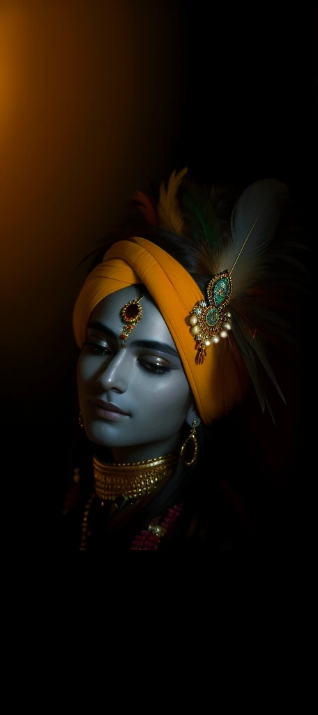 a close up of a person with a feather on their head, indian god, attractive male deity, color photograph portrait 4k, coy expression wearing intricate, an exhausted deity, serene expression, regal and menacing visage, his head covered in jewels, a stunning portrait of a goddess, peaceful expression, portrait of a beautiful goddess, closeup portrait shot, stylish deity