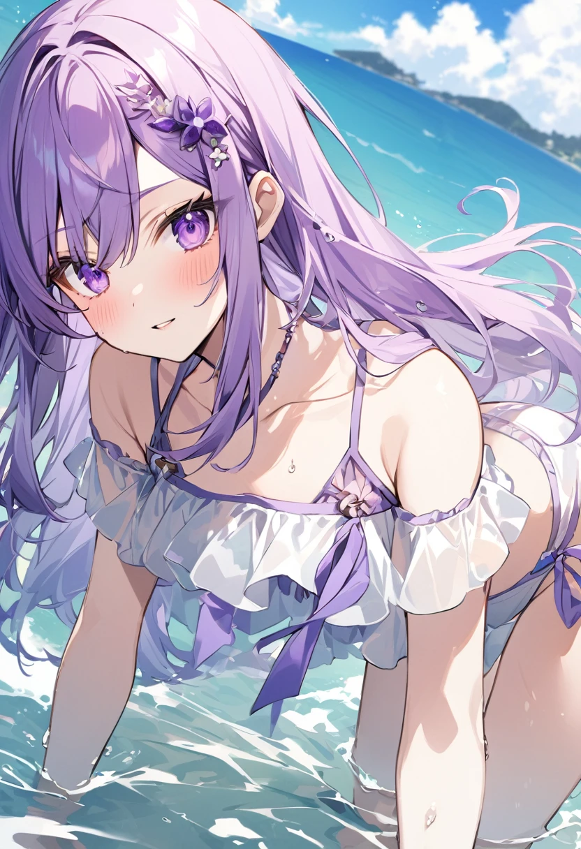 Keito。Purple Eyes。Amethyst hair accessory。Swimwear。Ocean