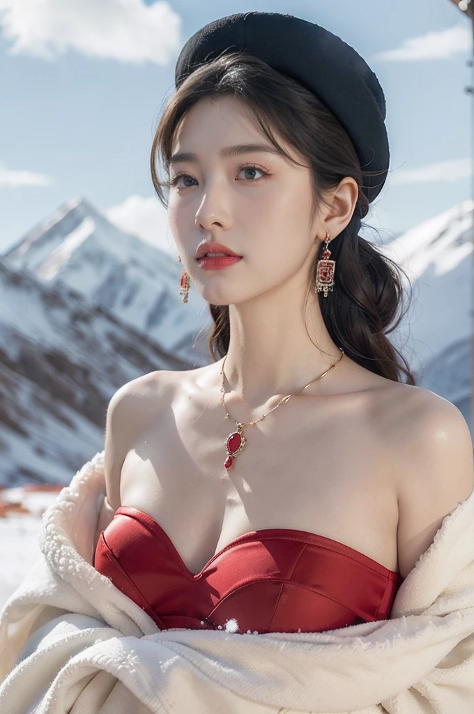 (masterpiece, best quality:1.2),strapless red bra,1 Tibetan girl, blue sky, cloud, cloudy sky, day, earrings,Plush hat, horizon,Tibetan Earrings,jewelry,necklace, lips,snow mountain, outdoors, parted lips, red lips, solo,flat chest,close-up of face