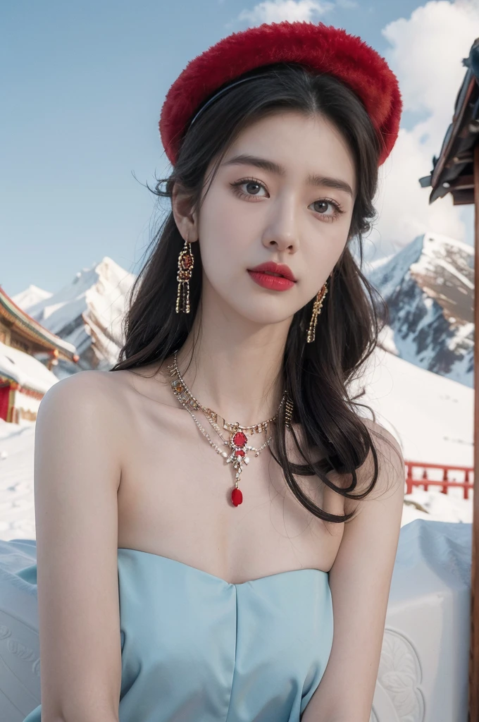 (masterpiece, best quality:1.2),strapless red bra,1 Tibetan girl, blue sky, cloud, cloudy sky, day, earrings,Plush hat, horizon,Tibetan Earrings,jewelry,necklace, lips,snow mountain, outdoors, parted lips, red lips, solo,flat chest,close-up of face