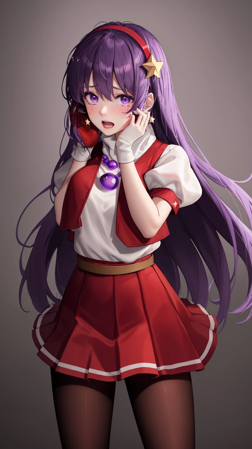 masterpiece,best quality,detailed,white theme,extreme detailed,colorful,highest detailed,masterpiece,best quality,highly detailed,athena97,1girl,cowboy shot,solo,standing,open mouth,crying,purple eyes,purple hair,straight hair,white earrings,red hairband,star hair ornament,medium breats,red vest,white turtleneck,white puffy sleeves,short sleeves,red pleated skirt,(deep red pantyhose:1.2),black pantyhose,yellow belt,purple sphere shape necklace,white short socks,(Hands on own face,:1.2),