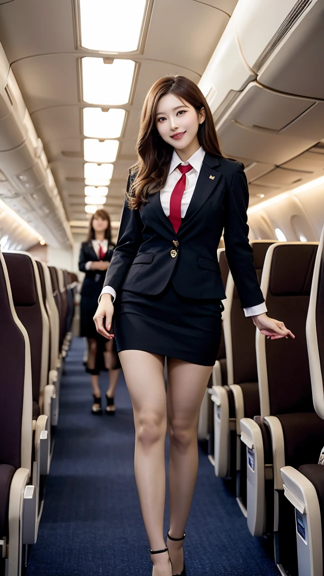 ​highest quality、table top、8k、best image quality、Award-winning work)、one beautiful woman、radiant beautiful skin , masterpiece、top-quality、The ultra -The high-definition、depth of fields、lens flare 1 girl、、brown hair、watching at  viewers glares, large breasts , stewardess uniform, ( stewardess blazer:1.2),   short skirt, (black ysl high heels), perfect legs, model pose,  view from below, smiling , flight cabin, pantyhose 