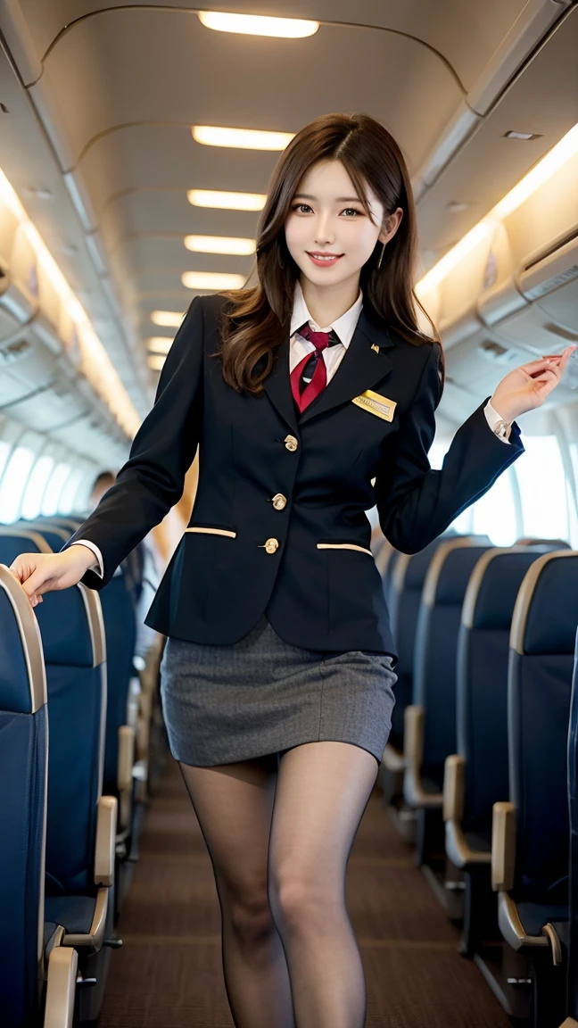 ​highest quality、table top、8k、best image quality、Award-winning work)、one beautiful woman、radiant beautiful skin , masterpiece、top-quality、The ultra -The high-definition、depth of fields、lens flare 1 girl、、brown hair、watching at  viewers glares, large breasts , stewardess uniform, ( stewardess blazer:1.2),   short skirt, (black ysl high heels), perfect legs, model pose,  view from below, smiling , flight cabin, pantyhose 