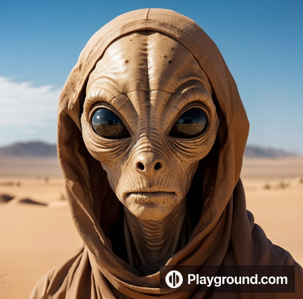 hooded alien in the desert