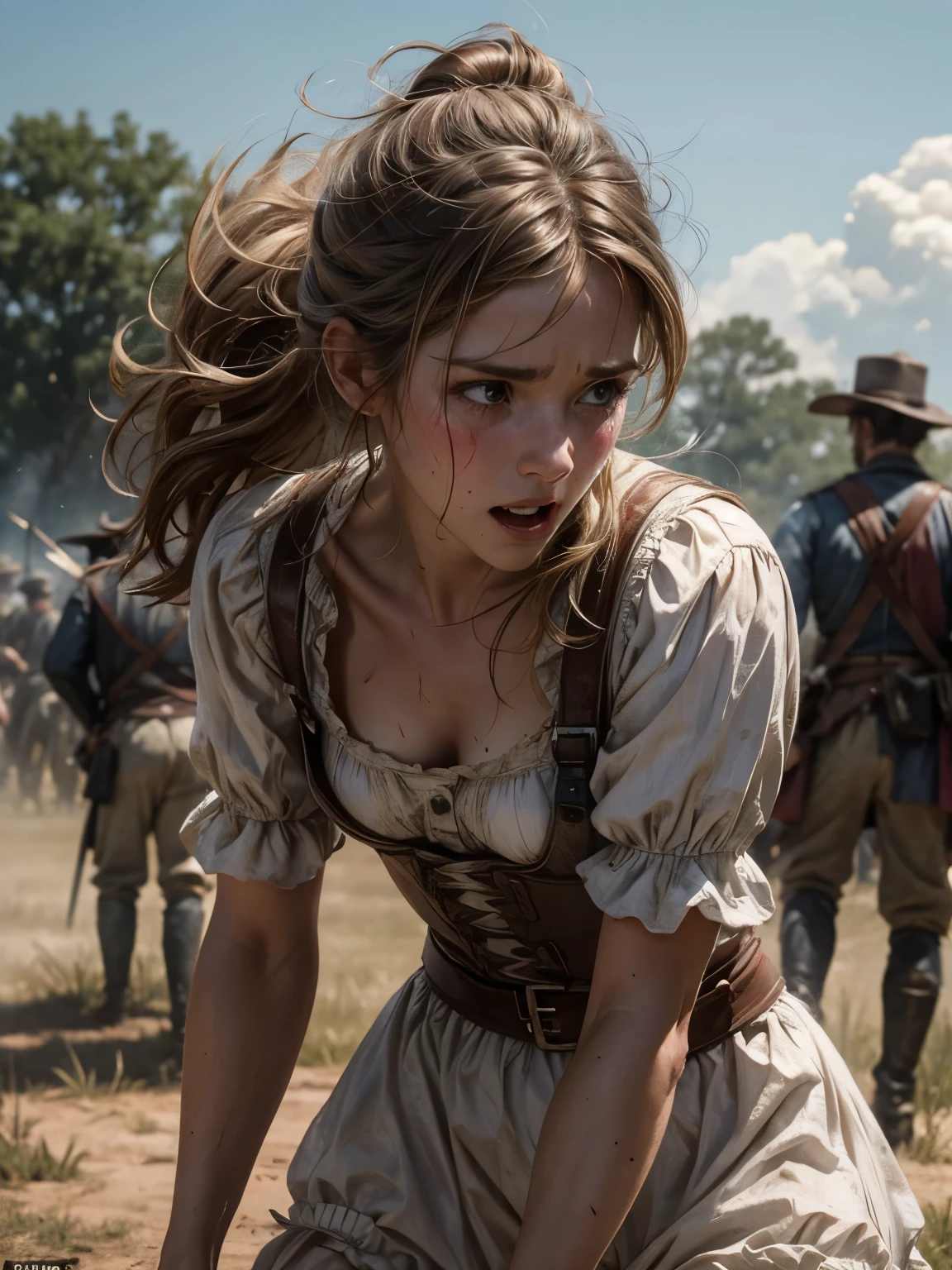 Helen Skelton, American Civil War, close-up action shot from ground level, naked Confederate soldier, bodice, bloomers, crying, sweating, damp hair, on a bloody battlefield, explosion, fires