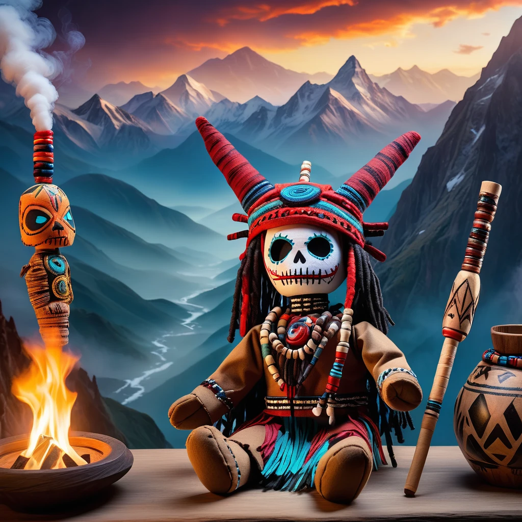 (knitted toy voodoo doll: 1.6), (Voodoo Mountain Shaman: 1.3), (clothes Cloak made of animal skins, headdress with horns: 1.0), (Smoking hookah, ritual drum: 1.1) (in the background High mountains with misty peaks and shamanic totems: 1.3), best quality, masterpiece, detailed soft oil painting, detailed background, dramatic cinematic lighting, soft edge lighting, professional, dramatic lighting, hard edge lighting, ultra quality, 4k, masterpiece, best quality, 8k, ultra high definition, high resolution, extremely detailed
