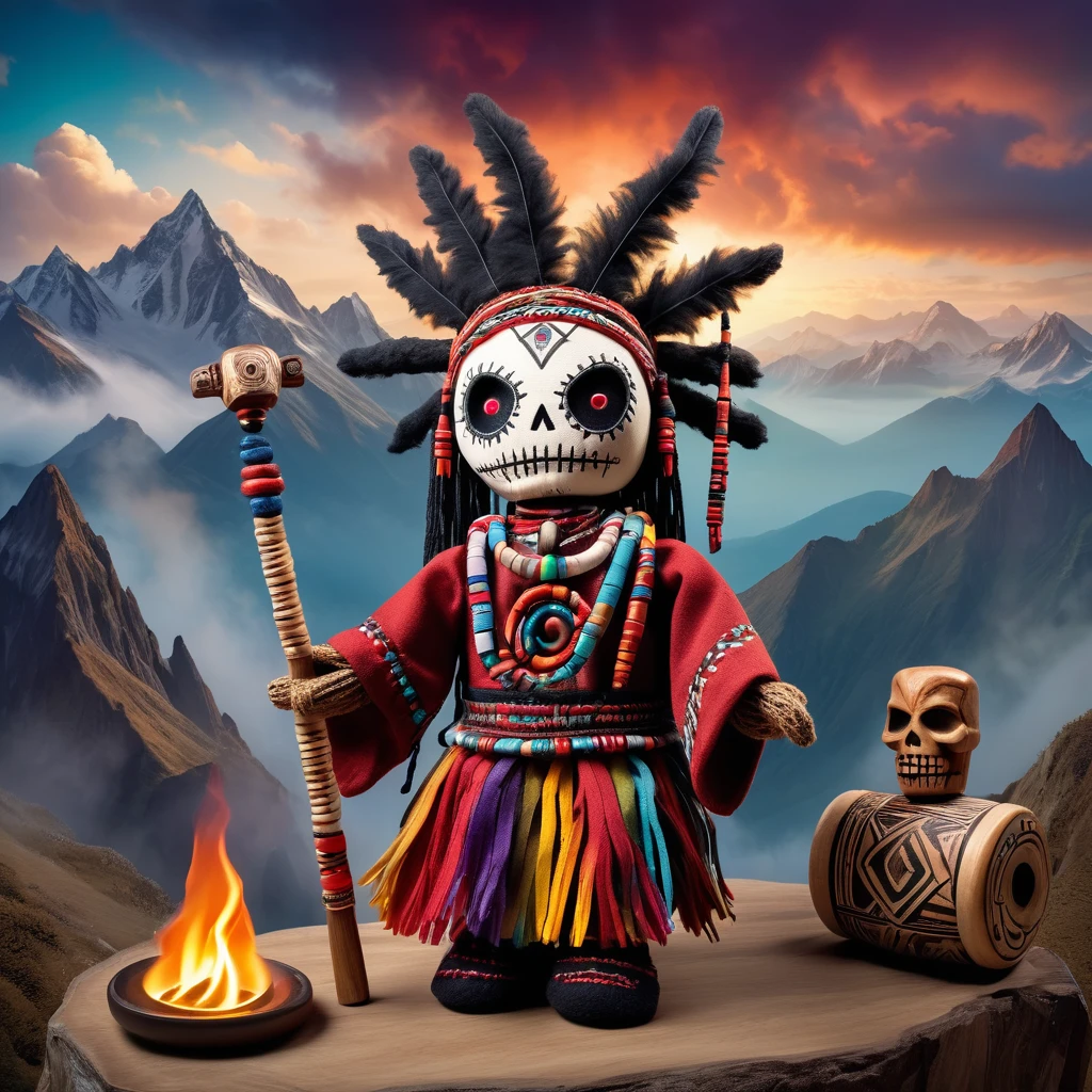 (knitted toy voodoo doll: 1.6), (Voodoo Mountain Shaman: 1.3), (clothes Cloak made of animal skins, headdress with horns: 1.0), (Smoking hookah, ritual drum: 1.1) (in the background High mountains with misty peaks and shamanic totems: 1.3), best quality, masterpiece, detailed soft oil painting, detailed background, dramatic cinematic lighting, soft edge lighting, professional, dramatic lighting, hard edge lighting, ultra quality, 4k, masterpiece, best quality, 8k, ultra high definition, high resolution, extremely detailed