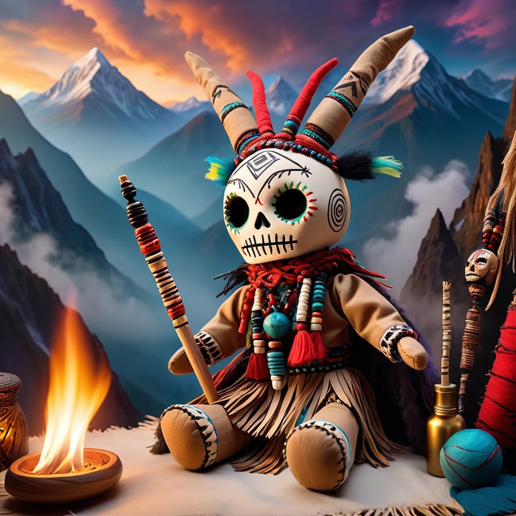(knitted toy voodoo doll: 1.6), (Voodoo Mountain Shaman: 1.3), (clothes Cloak made of animal skins, headdress with horns: 1.0), (Smoking hookah, ritual drum: 1.1) (in the background High mountains with misty peaks and shamanic totems: 1.3), best quality, masterpiece, detailed soft oil painting, detailed background, dramatic cinematic lighting, soft edge lighting, professional, dramatic lighting, hard edge lighting, ultra quality, 4k, masterpiece, best quality, 8k, ultra high definition, high resolution, extremely detailed