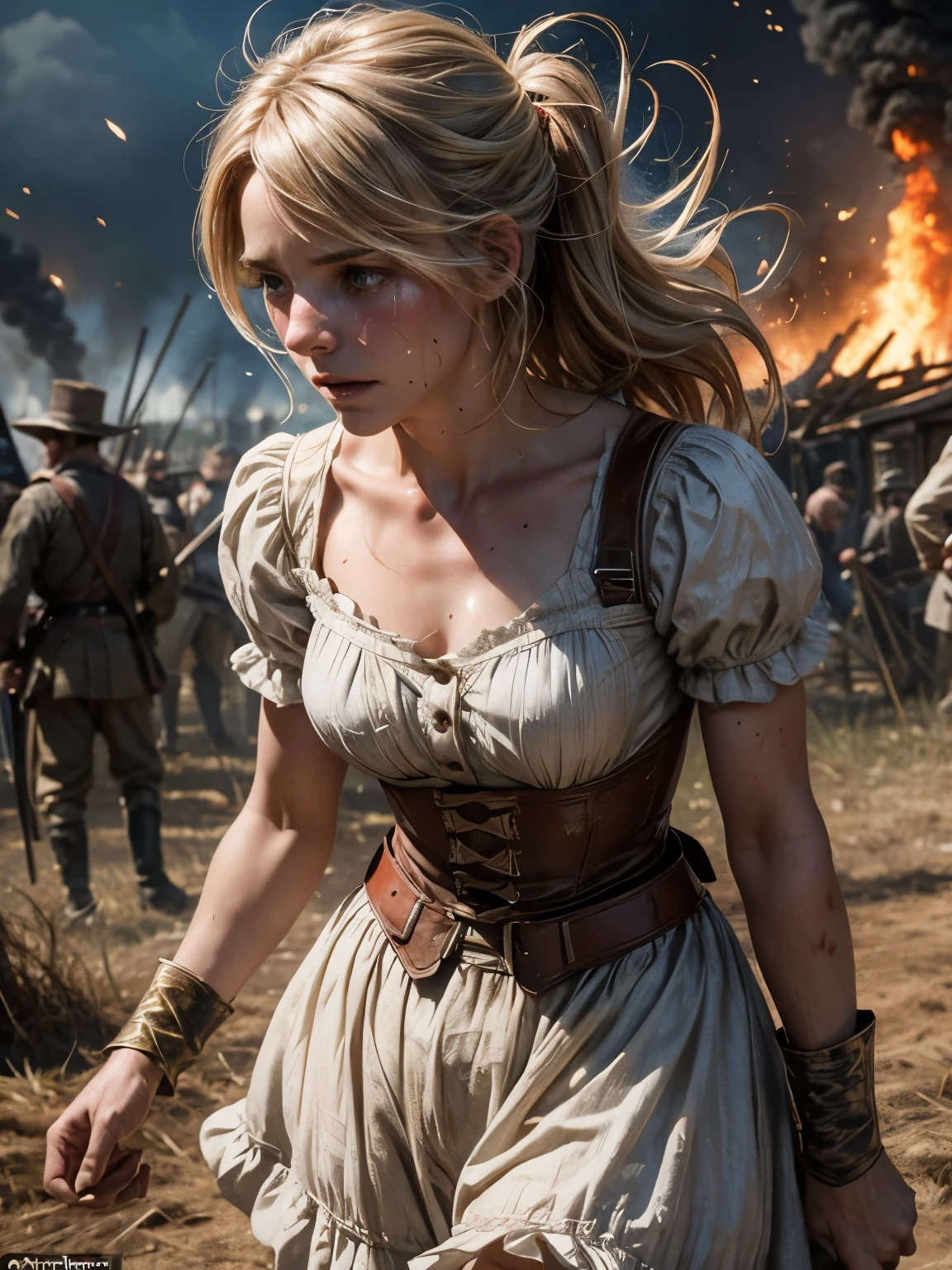 Helen Skelton, American Civil War, close-up action shot from ground level, naked Confederate soldier, bodice, bloomers, crying, sweating, damp hair, on a bloody battlefield, explosion, fires