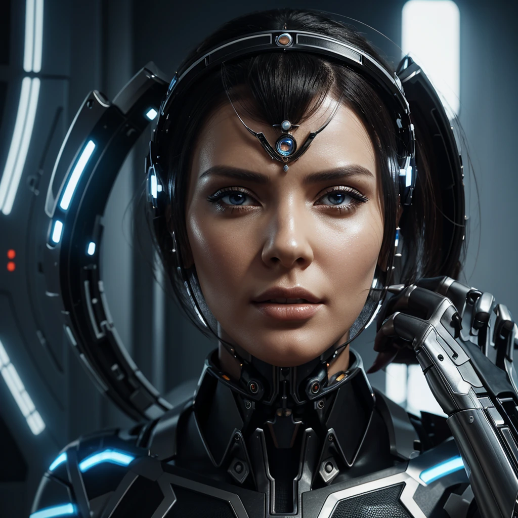 woman in headdress, full length, seductive, very detailed visual portrait, futuristic робототехник, nice, extremely detailed shot of the goddess, beautiful cyborg girl, Jason Angle, keyframe, anthropomorphic _ Humanoid, futuristic, realistic and high quality. With a good and seductive figure and look