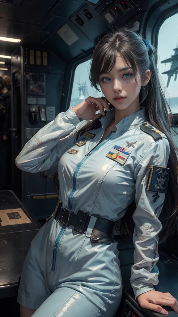 (8K,1080P,textura Realist de la piel,Realist,masterpiece, La Highest quality,High resolution,High resolution:1.5),,Araffes in military uniform standing in front of a Fighter, Pilot Girl, Perfect military composure, かわいいPilot Girl, （SEXY white camouflage pilot suit, uniform, uniformを着る）, Fighter, Aircraft carrier scene, On an aircraft carrier, アメリカair force, air force, military girl, Top Gun Maverick, Fighter, White camouflage military pilot uniform, Bae Suzy, Top Gun,Ultra HD, 8K, 1080P.Unreal Engine:1.4,Ultra HD,La Highest quality:1.4, fotorRealist:1.4, Skin Texture:1.4, masterpiece:1.8,First Job, Highest quality,（Beautifully detailed eye depiction）,(blue eyes:1.4),(Cinematic:1.4),(白い迷彩uniform:1.4),(Cyberpunk AI1.4),(Cinematic lighting:1.4)、 (Small breasts, beautiful breasts)、Sexy pose