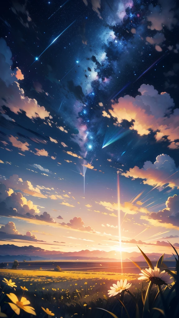 Summer prairie, meadow, few small flowers, large clouds, night time, hot weather, HD detail, hyper-detail, cinematic, surrealism, soft light, deep field focus bokeh, ray tracing, and surrealism. --v 6