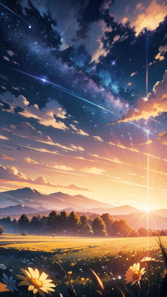 Summer prairie, meadow, few small flowers, large clouds, night time, hot weather, HD detail, hyper-detail, cinematic, surrealism, soft light, deep field focus bokeh, ray tracing, and surrealism. --v 6