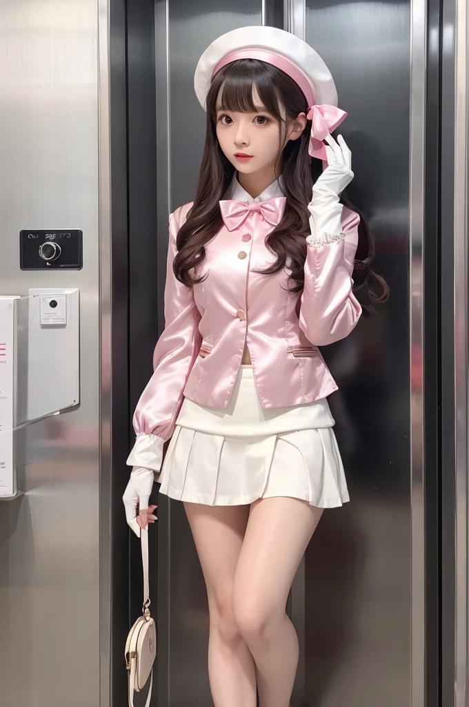 Highest quality、Elevator Girl、Shiny pink silk jacket、Short jacket、White blouse with ribbon、Very short tight skirt、Micro Mini Skirt、A small round hat with a ribbon、Skinny、White gloves、Very embarrassed look、Sit on the floor facing the front、Face straight