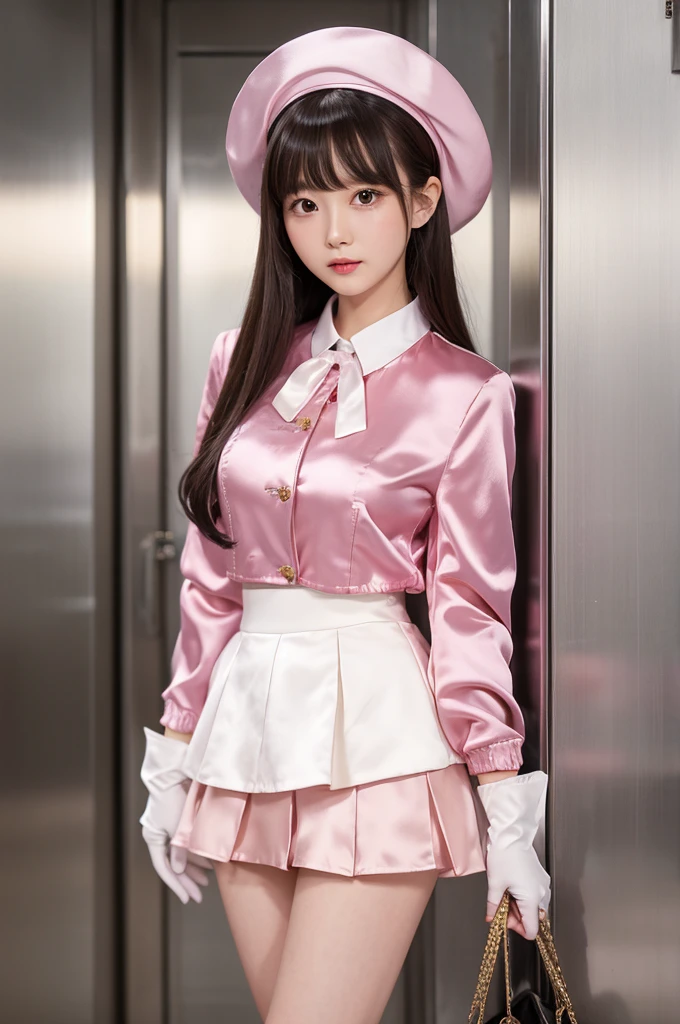 Highest quality、Elevator Girl、Shiny pink silk jacket、Short jacket、White blouse with ribbon、Very short tight skirt、Micro Mini Skirt、A small round hat with a ribbon、Skinny、White gloves、Very embarrassed look、Sit on the floor facing the front、Face straight