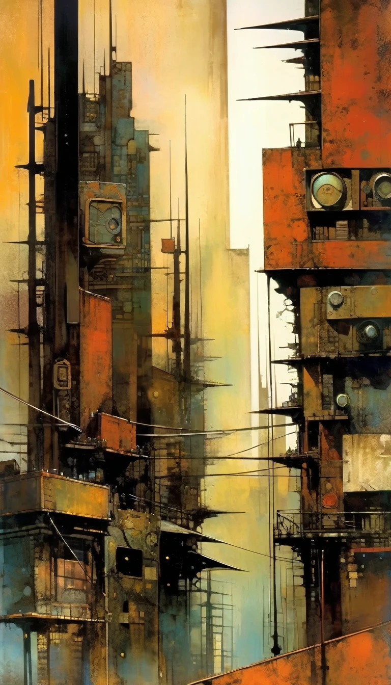 futuristic city.1.5, rusty metal city, lots of details (Dave Mckean inspired art, intricate details, oil painting)