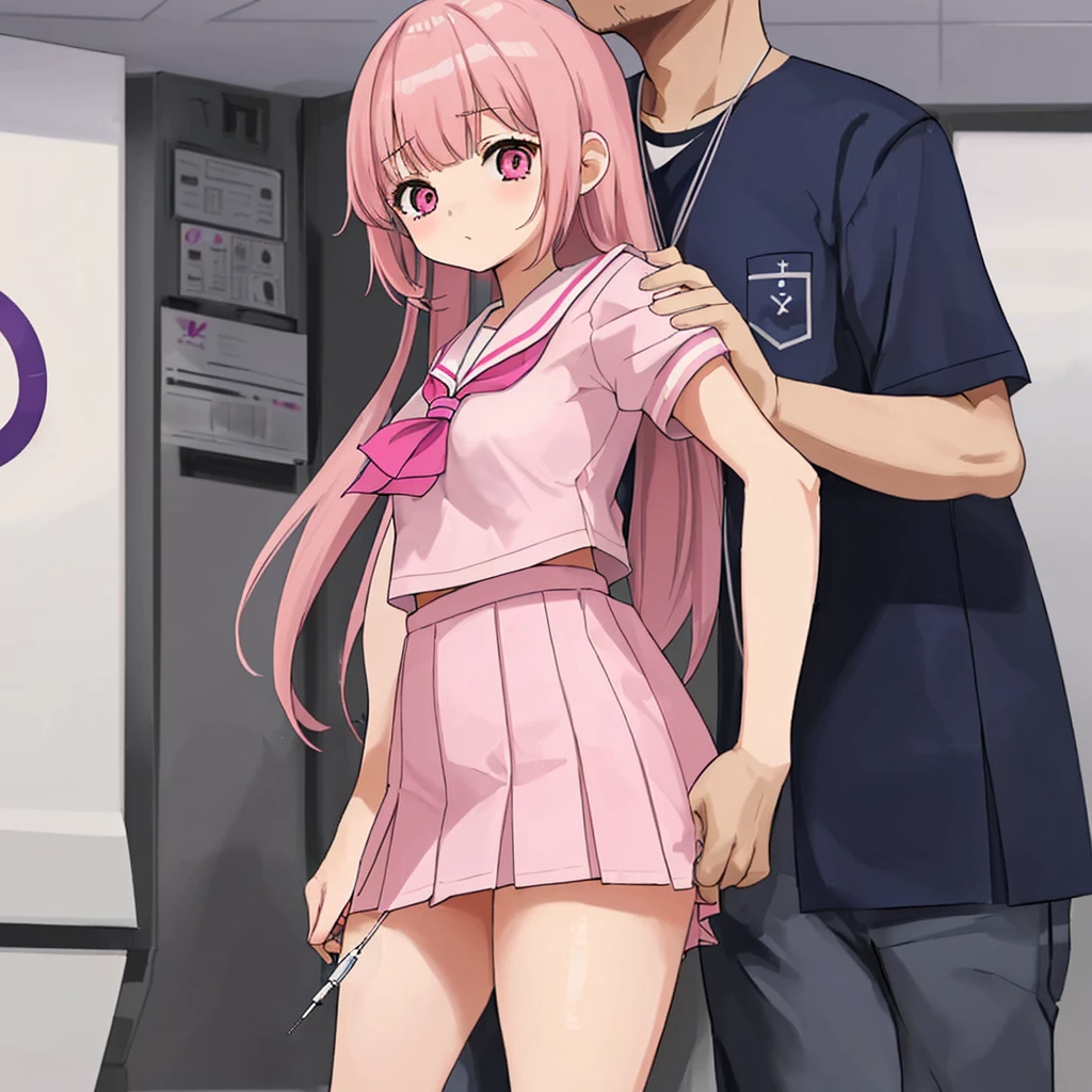 A pink-haired high school girl in a sailor uniform receives a vaccination、A man grabs your arm、Take the syringe and stick it into your upper arm.。.