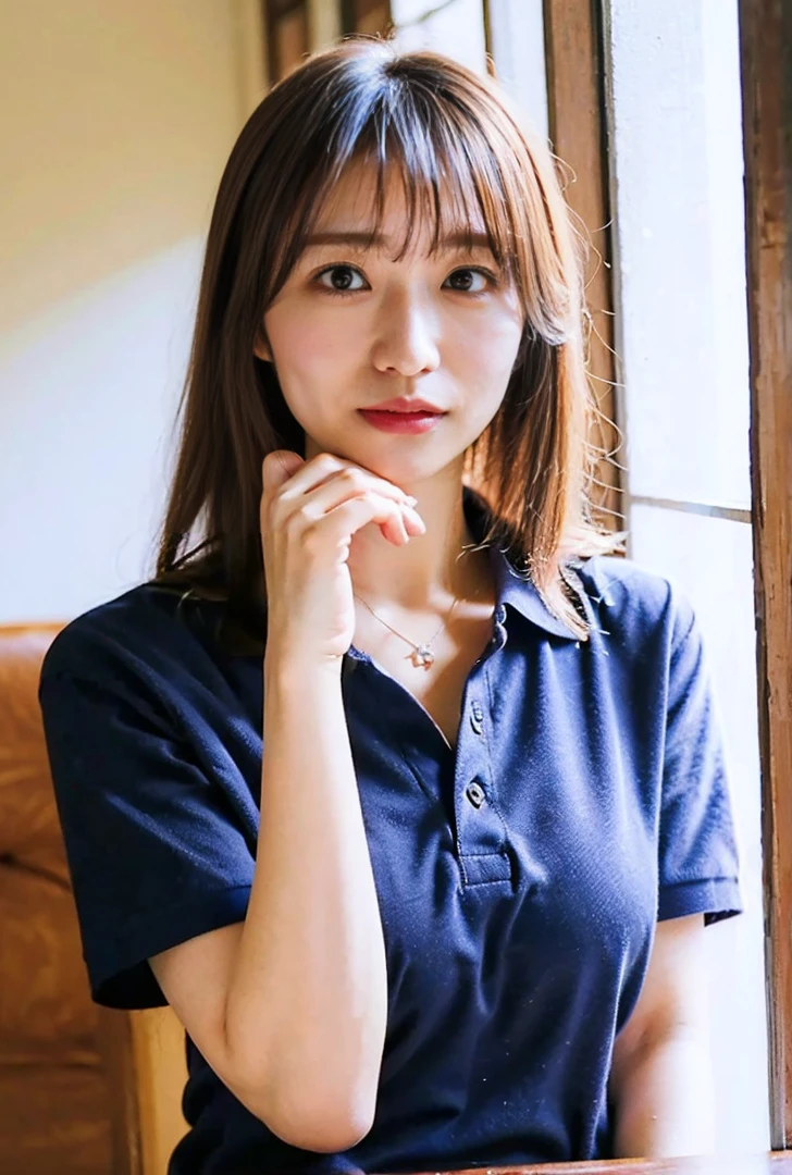 ((Both hands are in front of the navel、A photo of her panties showing through a short polo shirt、Hands roll up shirt、She is wearing a navy polo shirt and luxurious white panties.、:1.4))、Being in the living room、Length cream hair color、Her huge breasts are obvious even through her clothes..、Small earrings、Light brown hair color、:1.4))、Shiny Hair、Light beige hair color、Background Blur、Light brown hair、{{Cowgirl Shot}}、((Close-up shot from the waist up、Big Breasts:1.4))、Big Breasts、にっこりsmile、服からでも分かるBig Breasts、Cowboy Shot、素敵なsmile、((Revealing clothing))、Full body photo、ring、Tuck your hair behind one ear、Silver Necklace、smile、Caustics、Highly detailed photos、Big Breasts、Super no makeup、(8K、RAW Photos、Highest quality、masterpiece:1.2)、(Realistic、Realistic)、1 Girl、((Big Breastsショートヘア、Looking into the camera:1.4))、Hair blowing in the wind