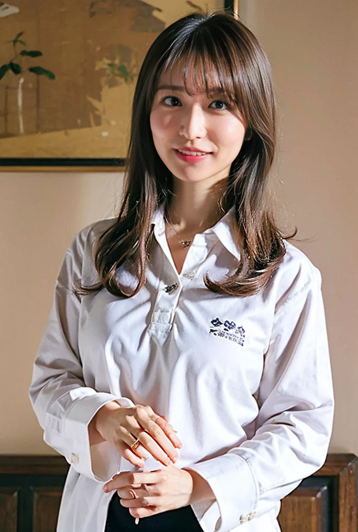 ((Both hands are in front of the navel、A photo of her panties showing through a short polo shirt、Hands roll up shirt、She is wearing a navy polo shirt and luxurious white panties.、:1.4))、Being in the living room、Length cream hair color、Her huge breasts are obvious even through her clothes..、Small earrings、Light brown hair color、:1.4))、Shiny Hair、Light beige hair color、Background Blur、Light brown hair、{{Cowgirl Shot}}、((Close-up shot from the waist up、Big Breasts:1.4))、Big Breasts、にっこりsmile、服からでも分かるBig Breasts、Cowboy Shot、素敵なsmile、((Revealing clothing))、Full body photo、ring、Tuck your hair behind one ear、Silver Necklace、smile、Caustics、Highly detailed photos、Big Breasts、Super no makeup、(8K、RAW Photos、Highest quality、masterpiece:1.2)、(Realistic、Realistic)、1 Girl、((Big Breastsショートヘア、Looking into the camera:1.4))、Hair blowing in the wind