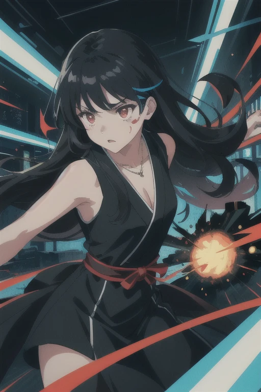 colorful flat illustration classical animes, Fierce anime girl with long black hair, glowing red and glowing red eyes wearing a all black sleeveless mini dress and necklace, engaged in an intense battle against a small black monsters. She releases a burst of energy, pushing the demon away from the . within the devastated interior of a modern shopping mall store at night. The dynamic, action-filled scene is rendered in a colorful, flat illustration style inspired by Japanese artists, featuring blood and bold black outlines., draw art style influenced by japanese artists, niji, black outlines ultra-detailed, 8k, , dramatic lighting, cinematic, highly detailed face, elegant, intricate details, vibrant colors, dramatic shadows, hyper-realistic, masterpiece,