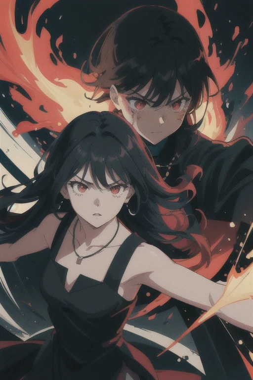 colorful flat illustration classical animes, Fierce anime girl with long black hair, glowing red and glowing red eyes wearing a all black sleeveless mini dress and necklace, engaged in an intense battle against a small black monsters. She releases a burst of energy, pushing the demon away from the . within the devastated interior of a modern shopping mall store at night. The dynamic, action-filled scene is rendered in a colorful, flat illustration style inspired by Japanese artists, featuring blood and bold black outlines., draw art style influenced by japanese artists, niji, black outlines ultra-detailed, 8k, , dramatic lighting, cinematic, highly detailed face, elegant, intricate details, vibrant colors, dramatic shadows, hyper-realistic, masterpiece,