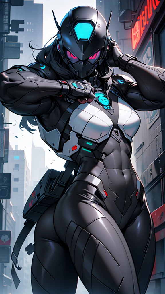  cybernetic girl detailed muscles realistic masterpieces full figure pose (best quality,ultra-detailed), cybernetic helmet with skullfaced mask, fit body, slim figure, narrow waist, large buttocks, wearing a full black carbon fiber cybernetic mobile battle suit, fighting pose