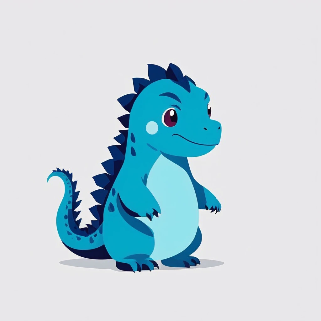 cute Godzilla with a sad expression, vibrant colors in blue tones, side view, simple cartoon, flat color cartoon illustration, simple and minimalist design, isolated on a white background,