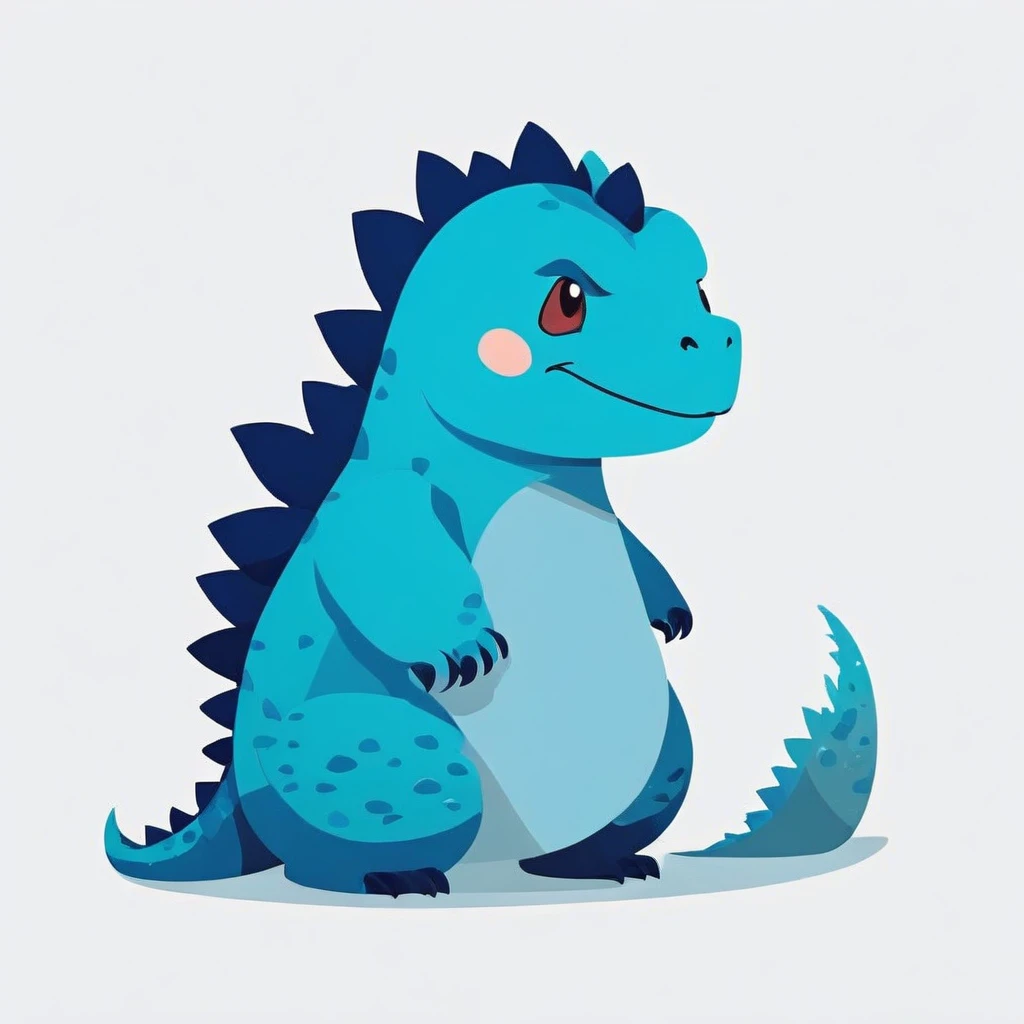 cute Godzilla with a sad expression, vibrant colors in blue tones, side view, simple cartoon, flat color cartoon illustration, simple and minimalist design, isolated on a white background,