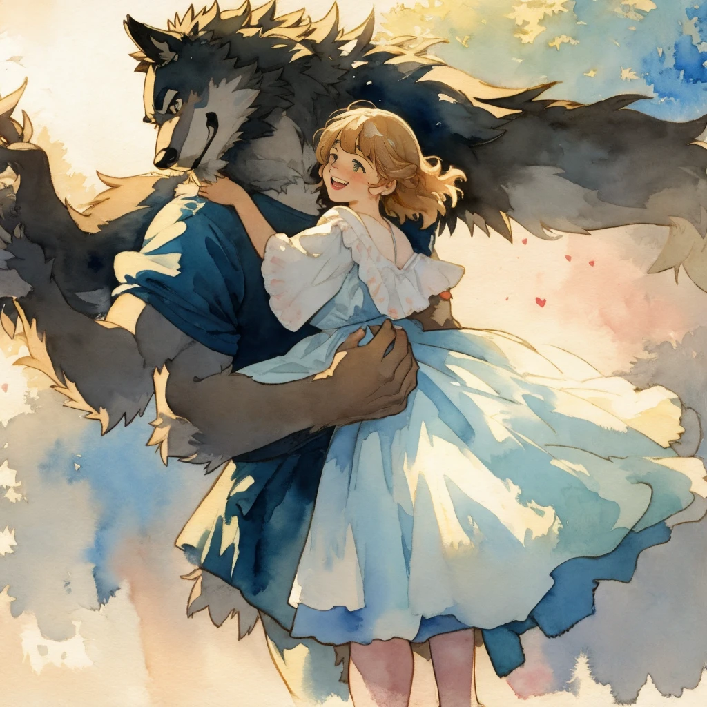 watercolor, soft color, Vintage images, highres, unparalleled masterpiece, absurdres, love story of human girl and giant Werewolf, pair, Height difference, Physical difference, perfect anatomy, smile, joyful, play with, smile, happy, watercolor,