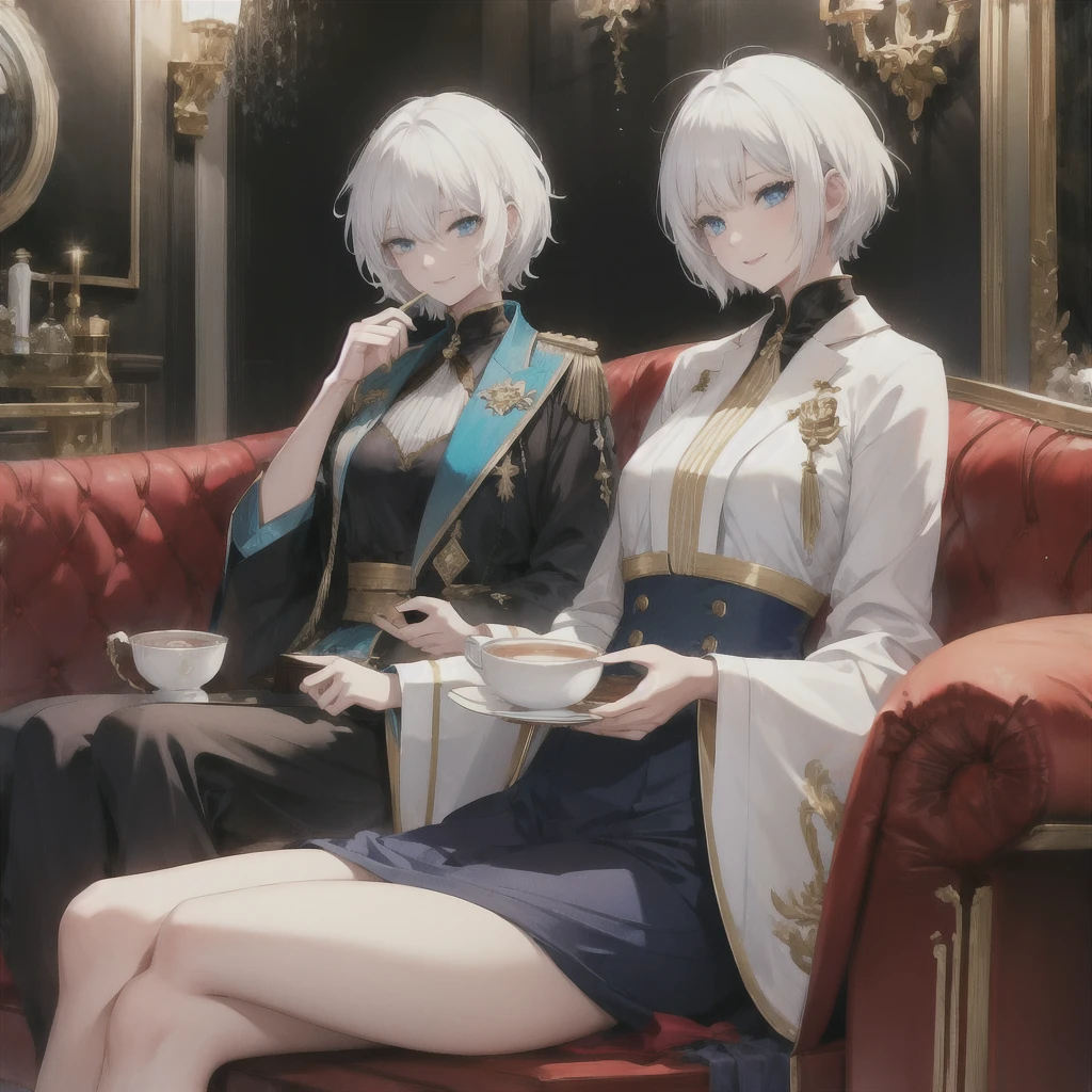 (((White Hair Short Hair blue eyes woman))) ((Noble clothes Drinking tea Gold-edged sofa)) (smile) Shining Edge