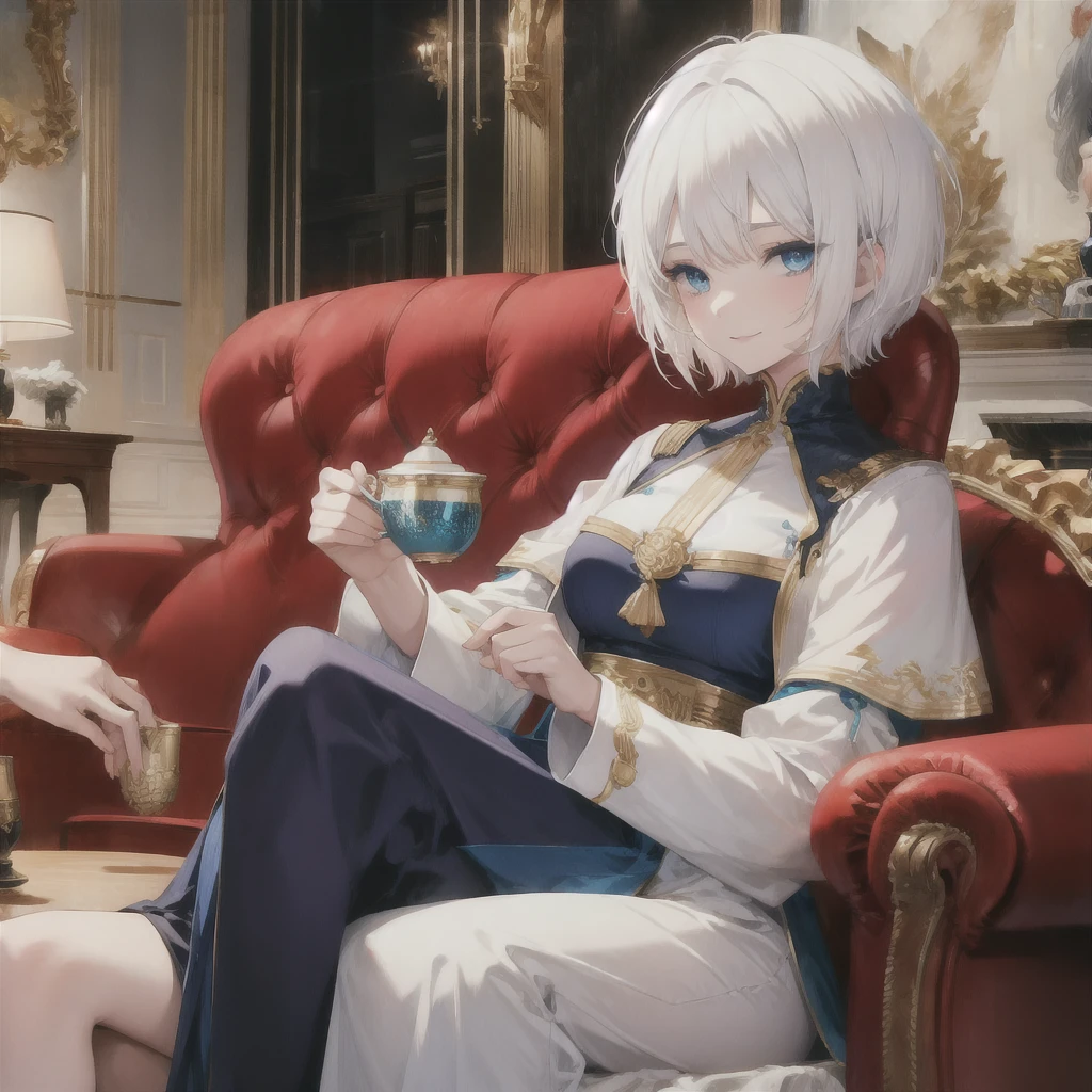 (((White Hair　Short Hair　blue eyes　woman)))　((Noble clothes　Drinking tea　Gold-edged sofa))　(smile)　Shining Edge