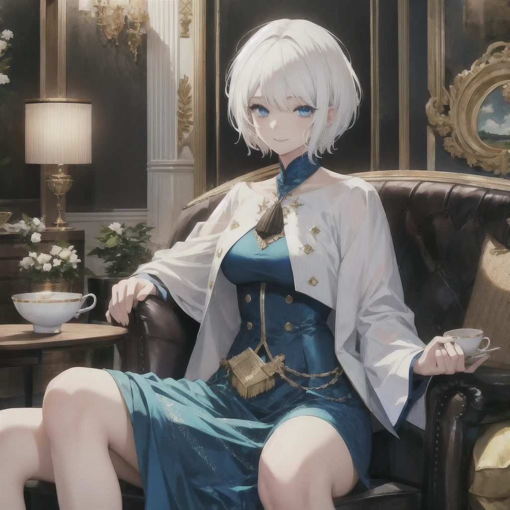 (((White Hair Short Hair blue eyes woman))) ((Noble clothes Drinking tea Gold-edged sofa)) (smile) Shining Edge