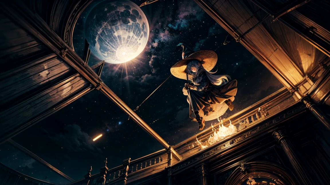 Create an image featuring a witch as the central figure. The witch is riding a broomstick, and the background is themed around a night sky with celestial bodies, inspired by a retro, mechanical stage set design. The stars should be depicted as if they are hanging from the ceiling by piano wires. The perspective should be from a slightly elevated, overhead view looking down at the entire setup. The scene should evoke a magical, otherworldly atmosphere.