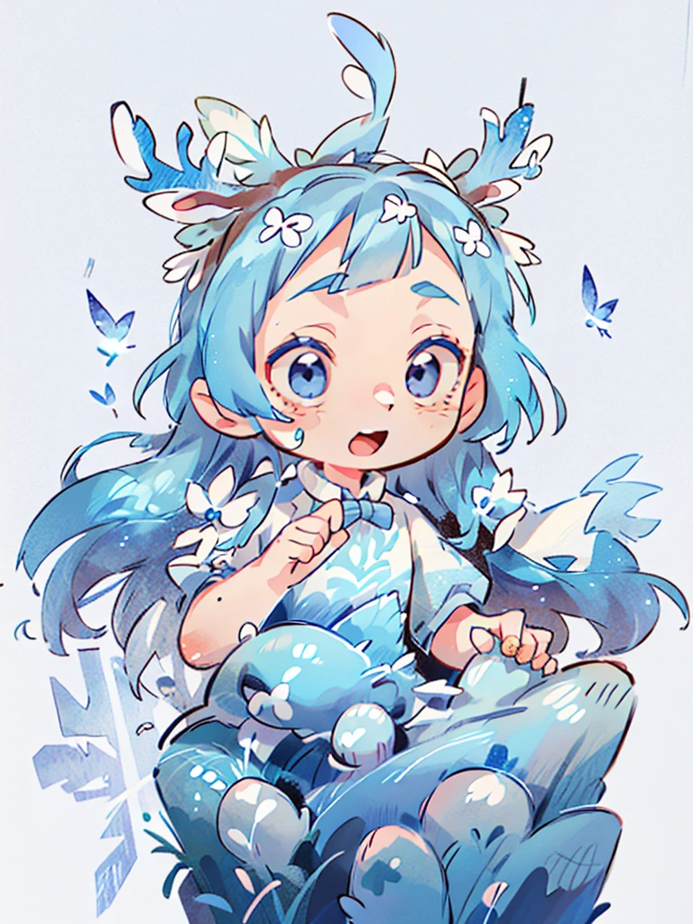 chibi, masterpiece, best quality, extremely detailed, detailed background, detailed face, 1girl, full-body, solo, pale skin, LONG blue hair which each strands were being lifted up by butterflies, deer ears, white deer horns, happy expression, white dress, blue flower, good finger, perfect face, intricate details, mystical forest theme.