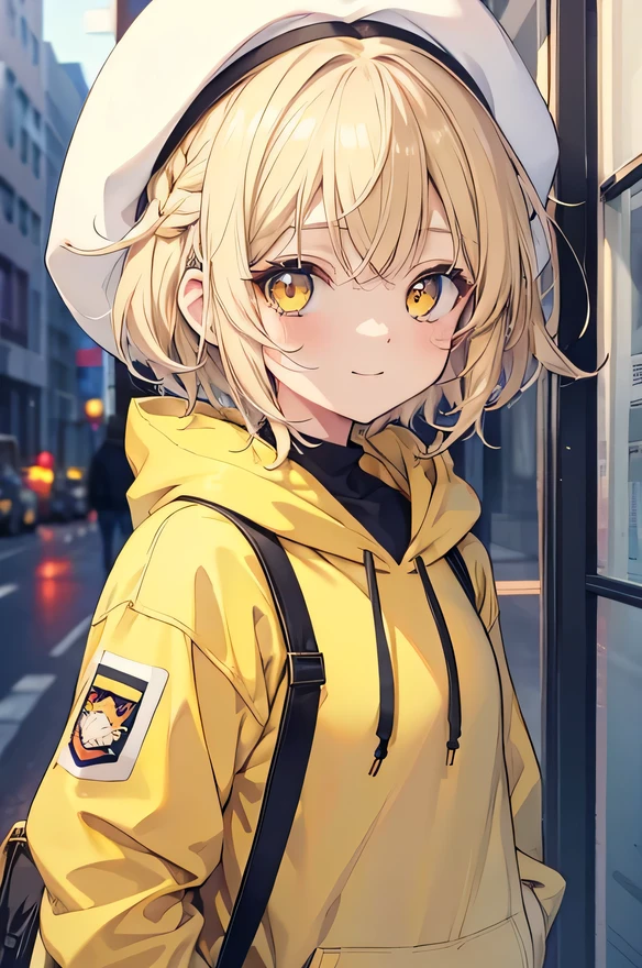 girl, cute anime girl, smiling, beige hair, short hair, hair in a braid on the side, messy hair, big eyes, yellow eyes, moe style anime, wearing hoodie, white beret hat