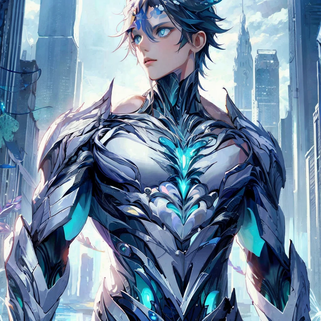Best Quality, anime illustration, Digital Painting, Bonanus, bent over, 1girl, :Or, facial mark, blue gemstone, Shell+circlet, forehead jewel, forehead mark, gemstone, Long dark blue hair and hair patches, Horns, blue eyes, Intricate bodysuit, bare shoulders, Tattoo on breasts, cleavage, claws, Lake, (blue aura, Powerful Explosion:1.3), finely detailed background, amazing background