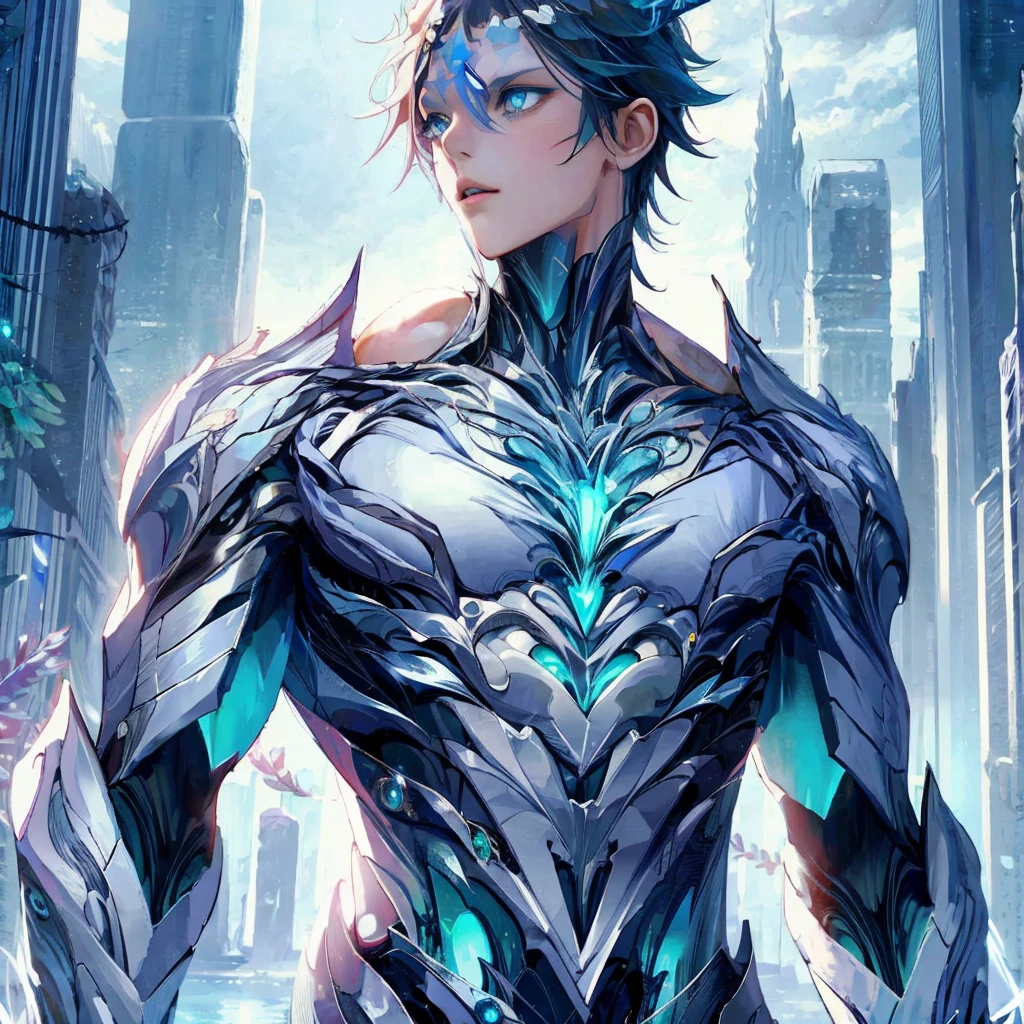 Best Quality, anime illustration, Digital Painting, Bonanus, bent over, 1girl, :Or, facial mark, blue gemstone, Shell+circlet, forehead jewel, forehead mark, gemstone, Long dark blue hair and hair patches, Horns, blue eyes, Intricate bodysuit, bare shoulders, Tattoo on breasts, cleavage, claws, Lake, (blue aura, Powerful Explosion:1.3), finely detailed background, amazing background