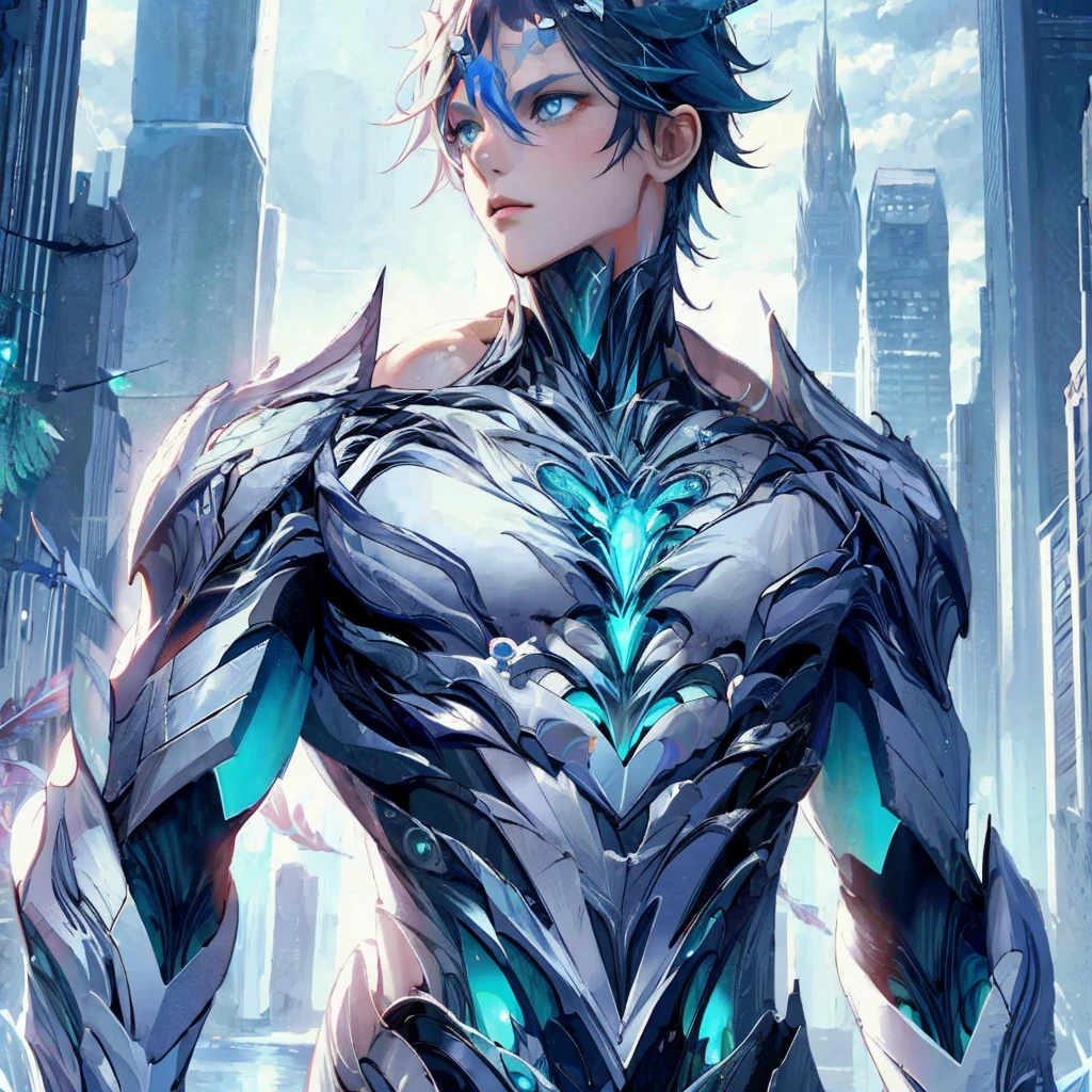 Best Quality, anime illustration, Digital Painting, Bonanus, bent over, 1girl, :Or, facial mark, blue gemstone, Shell+circlet, forehead jewel, forehead mark, gemstone, Long dark blue hair and hair patches, Horns, blue eyes, Intricate bodysuit, bare shoulders, Tattoo on breasts, cleavage, claws, Lake, (blue aura, Powerful Explosion:1.3), finely detailed background, amazing background