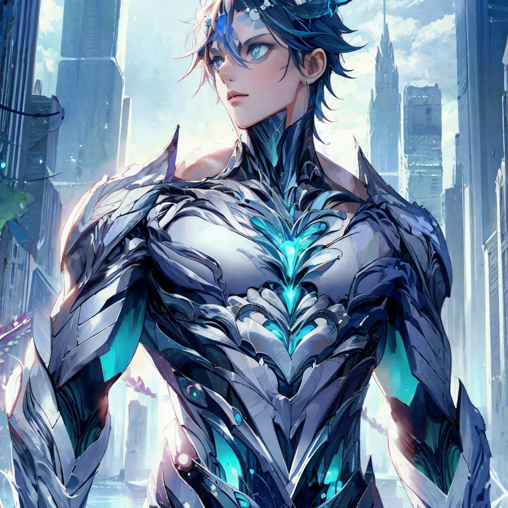 Best Quality, anime illustration, Digital Painting, Bonanus, bent over, 1girl, :Or, facial mark, blue gemstone, Shell+circlet, forehead jewel, forehead mark, gemstone, Long dark blue hair and hair patches, Horns, blue eyes, Intricate bodysuit, bare shoulders, Tattoo on breasts, cleavage, claws, Lake, (blue aura, Powerful Explosion:1.3), finely detailed background, amazing background
